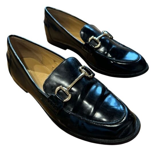 J.Crew Classic Black Vegan Leather Loafers with Gold Hardware Horsebit Size 9 - Picture 3 of 13